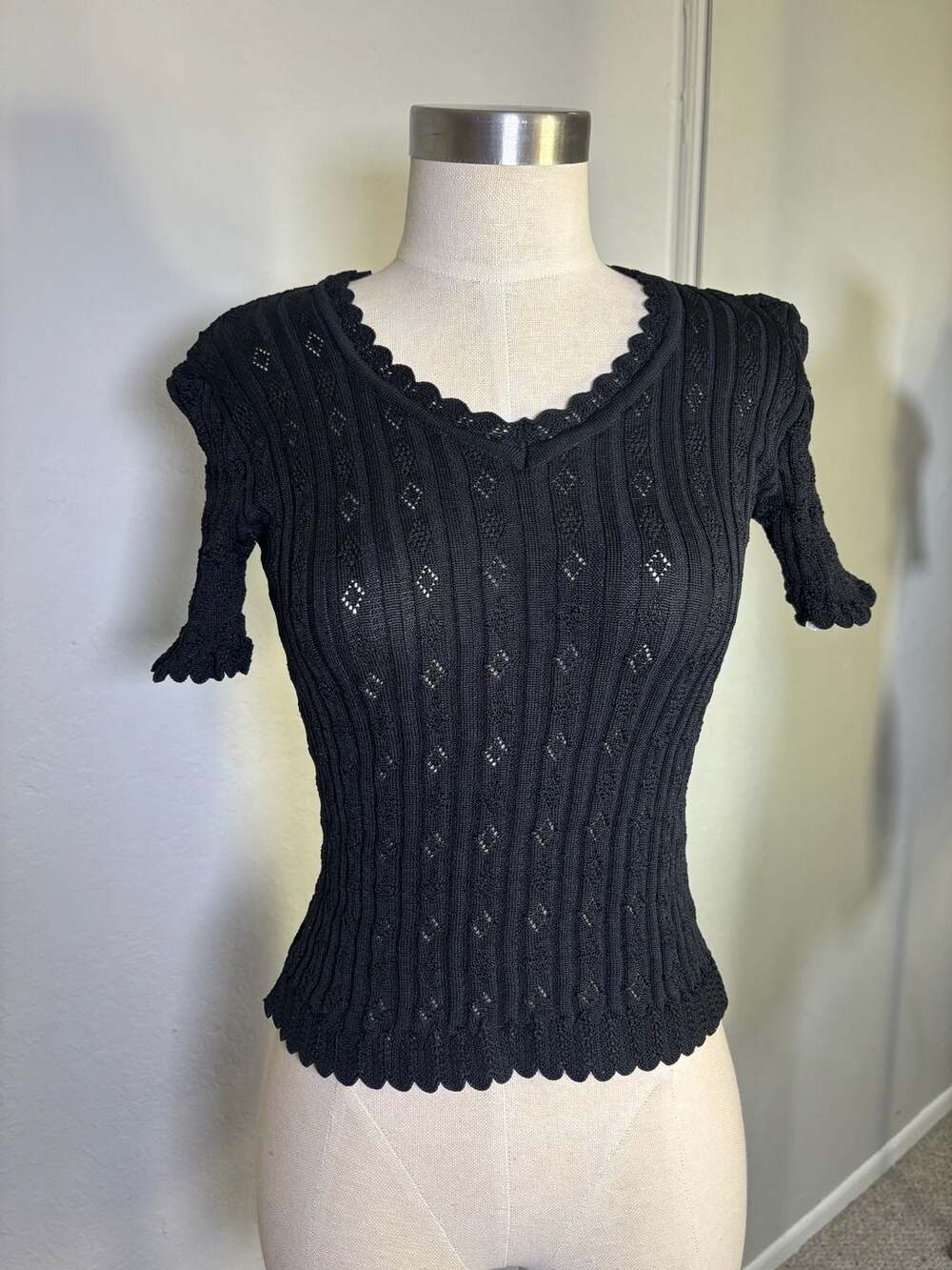 SPS Black Crochet Short Sleeve V-Neck Knit Top